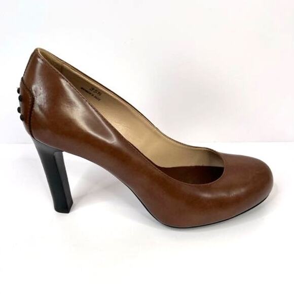 Tod's Size 5 (EU 35.5) Brown Leather 3.5 Heels With Black Studs Back of Heels - Picture 12 of 16